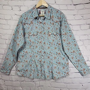 Panhandle Rough Stock Shirt Womens XL Teal Paisley Western Square Pearl Snap - Picture 1 of 11