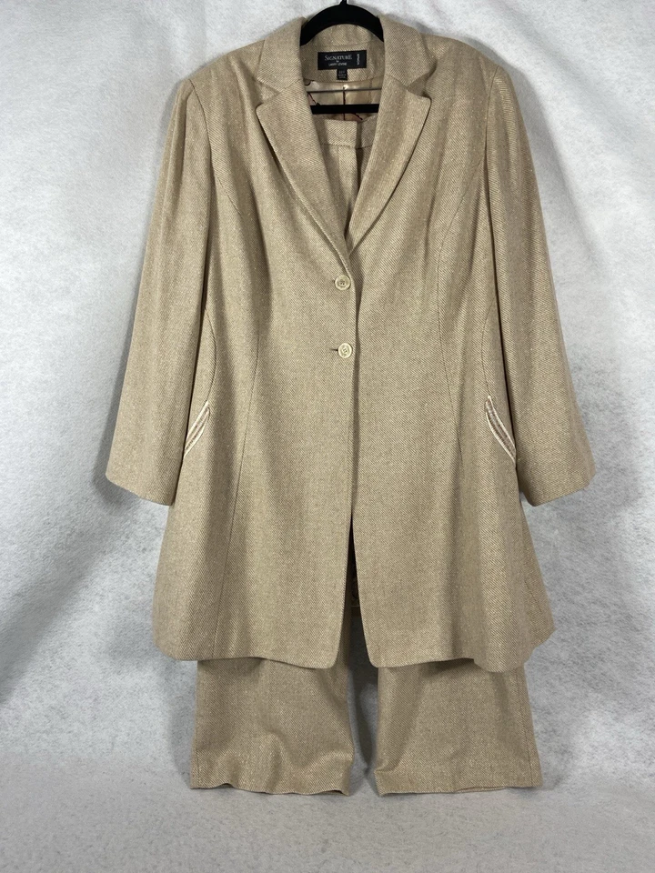 Traje pantalón Signature By Larry Levine 2 piezas para mujer 22W beige largo blazer mezcla de lana Foto 1 de 4