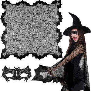 2 Piezas Poncho de Halloween para Mujer Murciélago Negro Telaraña Poncho y Máscara de Encaje Máscara - Imagen 1 de 7