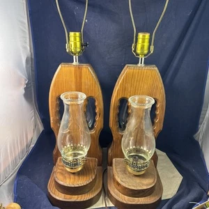 Pair of Triple Wooden Lamp Unique w/Glass Chimney 3 Settings - Tested/Working - Picture 1 of 15