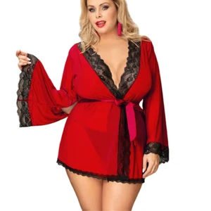 Babydoll Sheer Belted Mesh Lace Lounge Sexy-Lingerie Short Robe Set with Thong - Picture 1 of 25