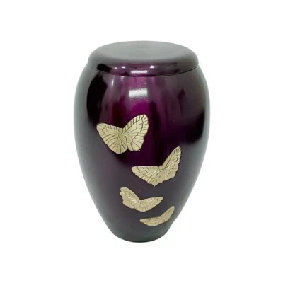 Golden Flying Butterflies Large Purple Adult Human Memorial Brass Urn for Ashes - Image 1 of 4