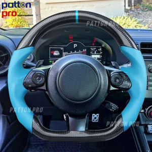 Carbon Fiber Flat Blue Leather Steering Wheel Fit For 16+Toyota 86 Subaru BRZ - Picture 1 of 6
