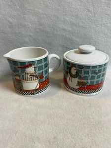 Vintage Debbie Mumm 'Frosty Folks' Creamer and Lidded Sugar Bowl Set - Picture 1 of 5