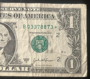 (SELTENE STERNNOTE!) $ 1 seltene Sternnotiz Seriennummer B03378873 * Serie 2003A * 320K * - Bild 1 von 4