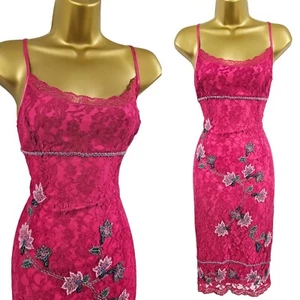 KAREN MILLEN 12 UK Pink Vintage Ornate Embroidered Beaded Floral Lace Midi Dress - Picture 1 of 13