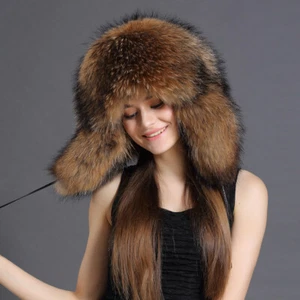 Women Warmer Real Raccoon Fur Hat Russian Ushanka Cossack Ear Cap Warmth Outdoor - Picture 1 of 5