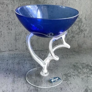 Vintage Alicja Poland Blue White Glass Compote Handmade Blown Twisted Base 6.5" - Picture 1 of 5