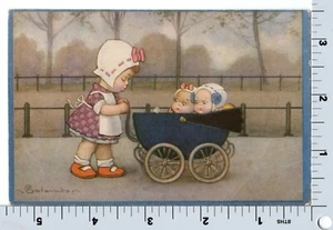 E Colombo Postkarte - Mädchen schiebt Kinderwagen mit Zwillingen Babys - GPM 2246 - Bild 1 von 2