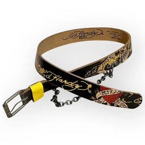 Ed Hardy Belt Vintage Love Kills Slowly Mens Embroidered Handmade Leather Y2K - Picture 1 of 12