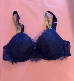 Victoria's Secret Push Up Bra Set 32B Lace Logo Straps Blue Pink Red Green Black
