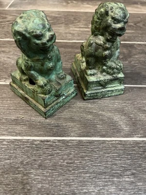 Antique Pair of Chinese Bronze Foo Dogs or Shi Shi Temple Lions  5” - Image 1 of 4