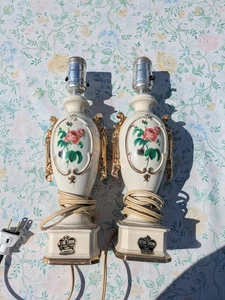 2 Hand Painted Roses Lamp Set Victorian VANITY Lamp Gold Trim 12" High 1960s - Picture 1 of 7