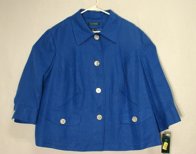 New LRL Ralph Lauren 100% Linen Blue Lined Blazer Jacket Size 20W 3/4 Sleeve - Image 1 of 4