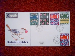 GB FDC 1982 BRITISH TEXTILES CHERRY ORCHARD SINGLE RING P/MARK - Picture 1 of 1