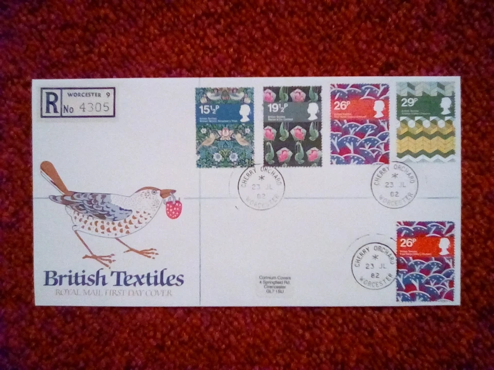 GB FDC 1982 BRITISH TEXTILES CHERRY ORCHARD SINGLE RING P/MARK - Image 1 of 1