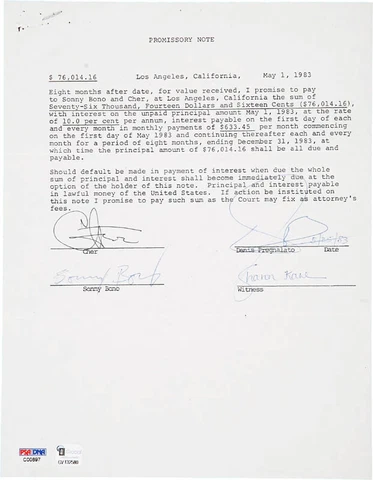 CHER - DOCUMENT SIGNED 05/01/1983 WITH CO-SIGNERS Cover