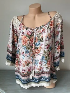 Angie Boho Top S Small Off Shoulder Shirt Floral Lace Granola Rayon 70s Bohemian - Picture 1 of 7