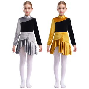 Girls Outfit Ballroom Set Velvet Dancewear Long Sleeve Leotard With Skirt Show - Picture 1 of 33