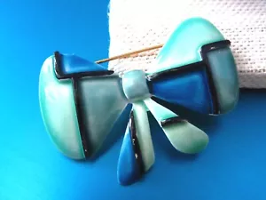 SUPER~! SIGNED 'HAR' BLUE/GREEN ENAMEL GOLD PLATED BOW BROOCH ~HA7 - Picture 1 of 3