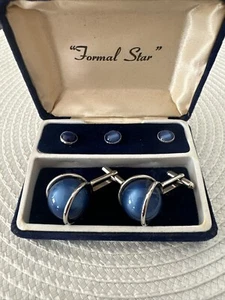 Vtg Blue Cat's Eye Cufflinks with Silver Tone Backings & 3 Matching Buttons EUC - Picture 1 of 6