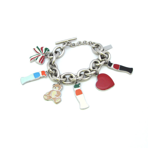 Moschino Charm Bracciale Smalto Cuore Orso Bottiglia Fiocco Tono Argento Grosso