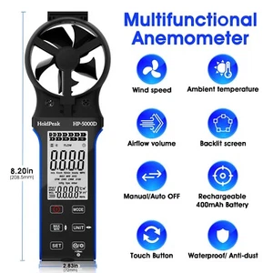 HoldPeak Wind Speed Meter Anemometer with Temp ℃/℉, Multi-Units, 400mAh IP65 - Picture 1 of 9