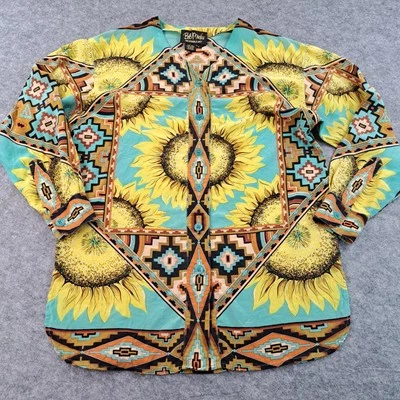 Винтажный Bob Mackie рубашка женщин маленький желтый цветочный кнопка верхний шелк подсолнух - Изображение 1 из 4