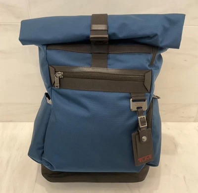 NEW Tumi BIRCH 18.5” Roll Top Nylon Laptop Backpack - NAVY BLUE w/ BROWN Accents - Image 1 of 4
