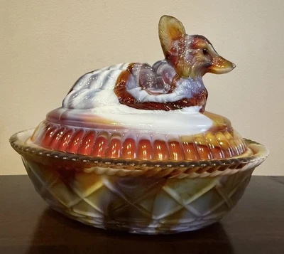 Very Rare Westmoreland Levay Ruby Slag Fox Hen on Nest Candy Dish - Image 1 of 4