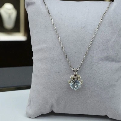 Pingente de prata esterlina água-marinha 18" colar pétala de flor redonda 0,925 vintage - Imagem 1 de 4