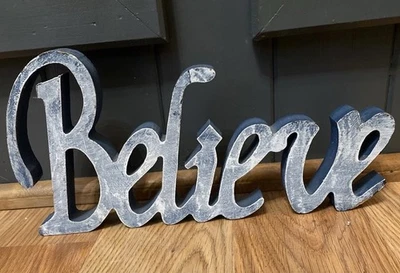 Rustic Blue White Wash Painted Wood “Believe” Shelf Sitter Word Sign 5”x 10” - Image 1 of 4