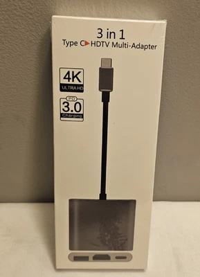 3 IN 1 TYPE C 4K HDTV MULTI-ADAPTER USB 3.0 TYPE C TO HDMI Black/Silver - Image 1 of 2