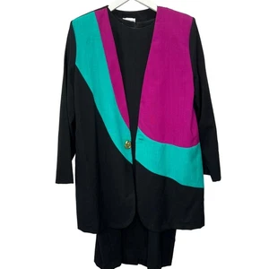Vintage Bedford Fair Womens Blazer Sheath Dress Set Size 14 Black Colorblock  - Picture 1 of 12