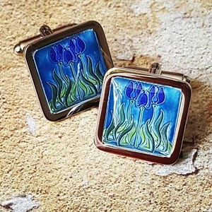 Unique BLUE TULIPS CUFFLINKS chrome ART NOUVEAU groom TILE vintage SUIT wedding - Picture 1 of 1