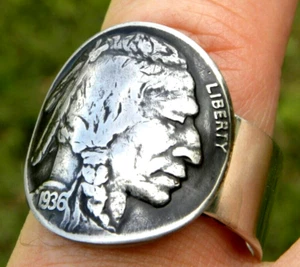 1936 authentic Buffalo Indian Nickel coin signet ring  sterling silver 10 size - Picture 1 of 7