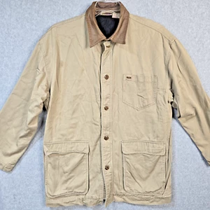 Saks Fifth Avenue Mens L Barn Hunting Fishing Coat Jacket Khaki Collar Leather - Picture 1 of 12
