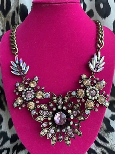 Betsey Johnson Vintage Bows Bronze Flower Floral Blush Pink Crystal AB Necklace - Picture 1 of 8
