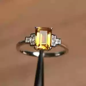 2Ct Princess Lab Created Yellow Citrine Engagement Ring 14K White Gold Plated - Picture 1 of 6