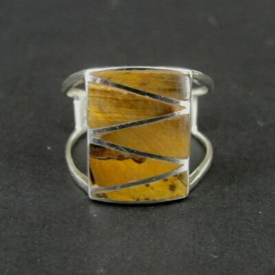 Anillo Plata Ojo de Tigre Incrustación Piedras Zig Zag Esterlina 925 Talla 7.75 Anillo Banda  Foto 1 de 4
