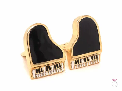 Gemelos de piano vintage esmaltados en blanco y negro en oro amarillo de 14K Foto 1 de 4