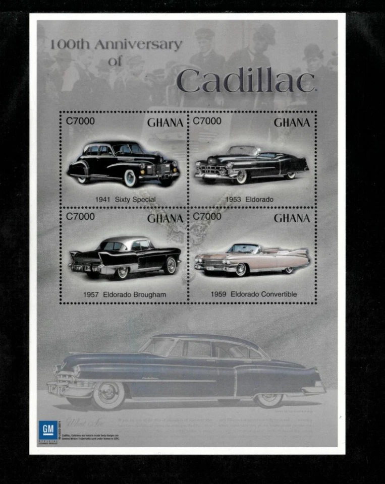 Ghana 2003 - Coches Cadillac - Hoja de 4 estampillas - Scott #2377 - MNH Foto 1 de 1