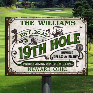 Insegna Personalizzata 19° Foro Golf Metallo, Mazza Golf, Club House e Bar Vintage - Foto 1 di 2