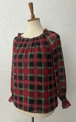 Talbots Sz Petite Blouse  Red Plaid Tartan Sheer lined Ruffle Sleeve No Iron - Image 1 of 4