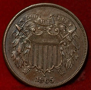 1865 Philadelphia Mint Copper Two Cent Coin - Picture 1 of 2