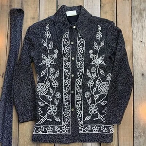 Black Shiny Beaded Vintage Jacket & Pants Set Womens Size 7/8 - Picture 1 of 12