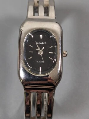 Reloj pulsera Cardini negro esfera ovalada tono plata barra bisagra 6 pulgadas Foto 1 de 4