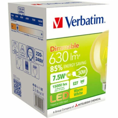 4 X VERBATIM E27 LED Filament G125 Amber Dome 7.5W Dimmable 2000K 630Lm 65623 - Image 1 of 2