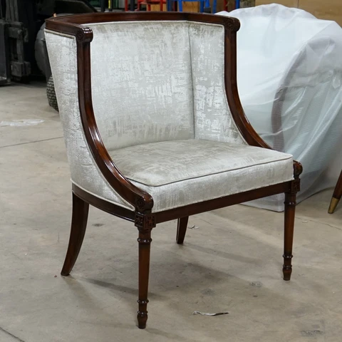 Pair of Tub Style Mahogany Carved Arm Lounge Chairs Silver White Fabric Cover