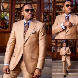 Khaki 3 Pcs Men's Suits Formal Business Tuxedos Wedding Groom Blazers Pants Vest - Picture 1 of 18